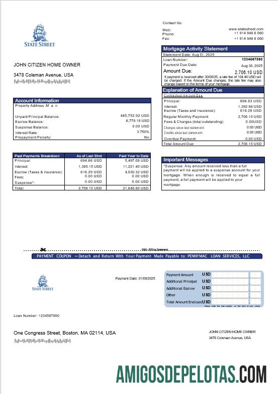 Declaração de hipoteca do banco USA State Street Corporation em formatos Word e PDF exemplo